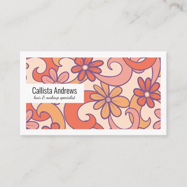 Girly Retro Pink Orange Groovy Flowers Business Card (Front)