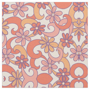 Girly Retro Pink Orange Groovy Flowers Fabric