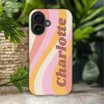Girly Retro Vintage Wave Personalized Name iPhone 16 Case<br><div class="desc">Girly Retro Vintage Wave Personalized Name iPhone 16 Phone Cases features a retro wave in shades of pink, orange and white with your personalized name in elegant trendy modern script accented. Personalize by editing the text in the text box provided. Perfect for birthday, Christmas, Mother's Day, baby showers, bridal showers,...</div>