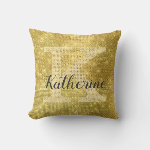 Girly Rich Gold Glitter Glam Sparkle Monogram Name Throw Pillow