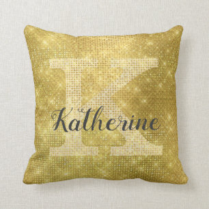 Girly Rich Gold Glitter Glam Sparkle Monogram Name Throw Pillow