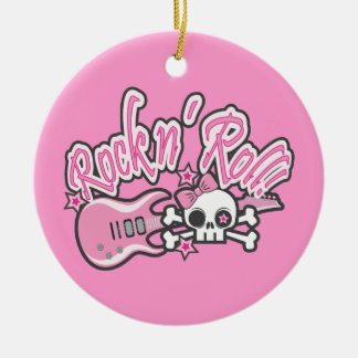 Girly Rock n' Roll Skull Ceramic Ornament