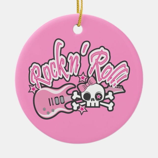 Girly Rock n' Roll Skull Ceramic Ornament (Front)