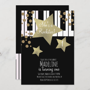 Girly Rockstar Guitar Faux Gold Star Piano Invitation