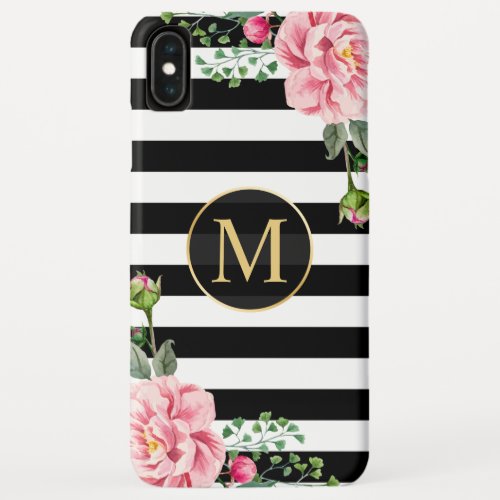 Girly Romantic Floral Black White Stripes Monogram iPhone XS Max Case