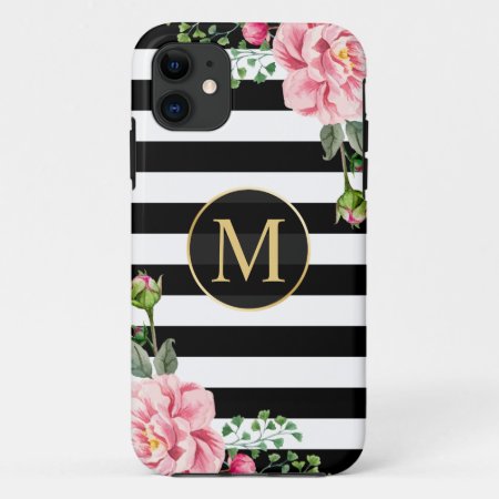Girly Romantic Flower Black White Stripes Monogram Iphone 11 Case
