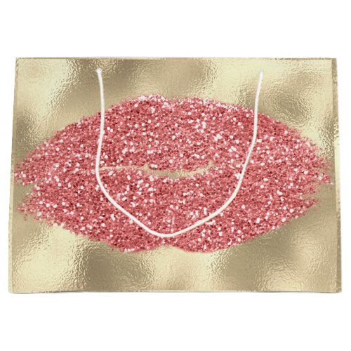 Girly Rose Blush Kiss Lips Glitter Champagne Gold Large Gift Bag