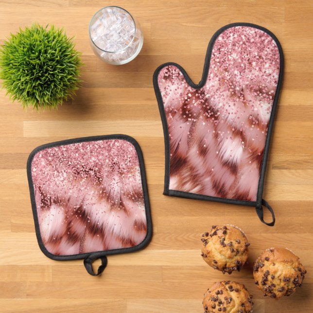 Girly Rose Glitzy Sparkle Gold Zebra Glitter Oven Mitt & Pot Holder Set (Top Down)