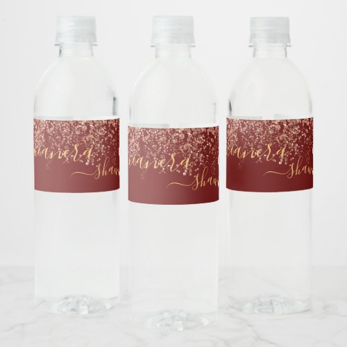 Girly Rose Gold and Burgundy Monogram Sparkle Water Bottle Label