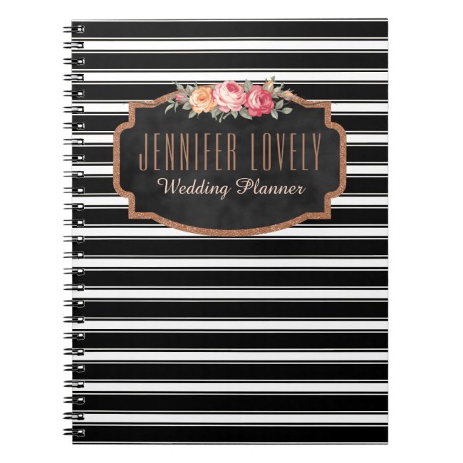 Girly Rose Gold B&W Stripes | Your Name Monogram Notebook