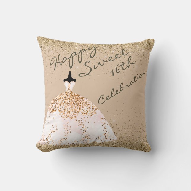 Girly Rose Gold Big Ball Gown Sweet 16th Birthday Throw Pillow (Front)