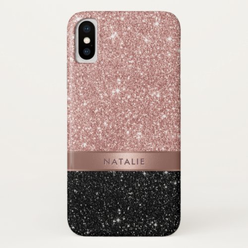 Girly Rose Gold  Black Glitter Custom Name iPhone X Case