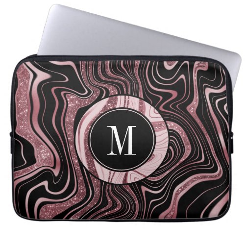 Girly Rose Gold Black Marble Glam Glitter Monogram Laptop Sleeve