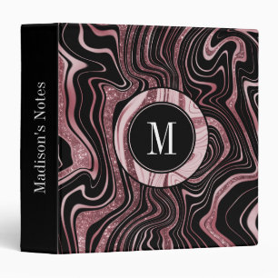 Girly Rose Gold Black Marble Glitter Glam Monogram 3 Ring Binder