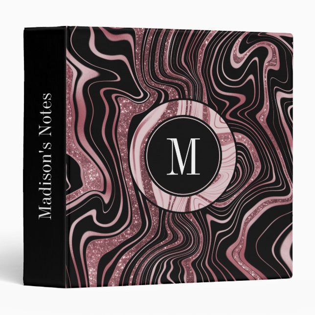 Girly Rose Gold Black Marble Glitter Glam Monogram 3 Ring Binder (Front/Spine)