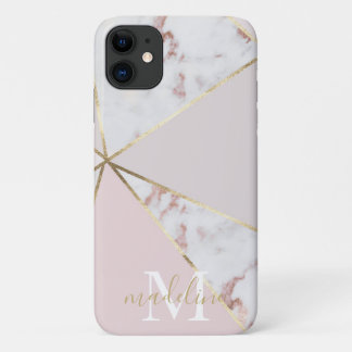 Girly Rose Gold Blush Geometric Monogram iPhone 11 Case