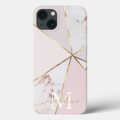 Girly Rose Gold Blush Geometric Monogram iPhone 13 iPhone 13 Case