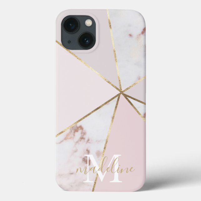 Girly Rose Gold Blush Geometric Monogram iPhone 13 Case-Mate iPhone Case (Back)