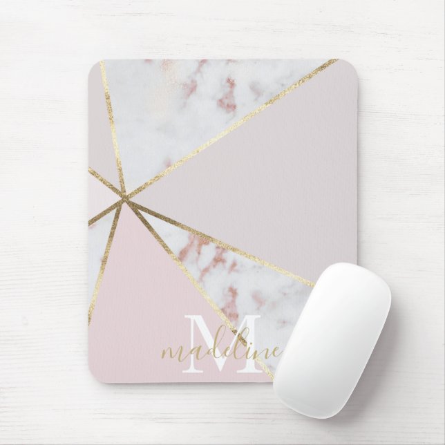 Girly Rose Gold Blush Geometric Monogram Mouse Pad (With Mouse)