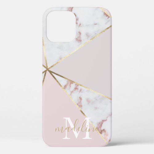 Girly Rose Gold Blush Geometric Monogrammed iPhone 12 Case