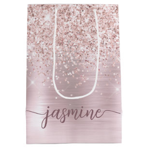 Girly Rose Gold Blush Glitter Monogram Name Script Medium Gift Bag