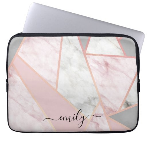 Girly Rose Gold Blush Marble Geometric Name  iPad  Laptop Sleeve