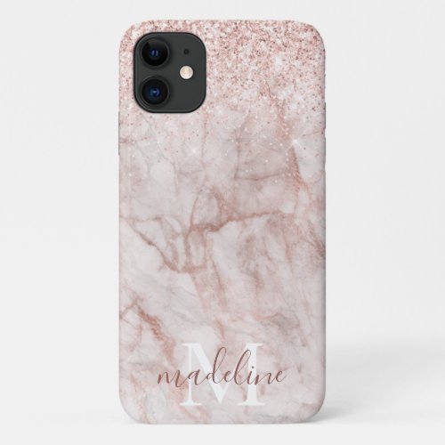 Girly Rose Gold Blush Marble Glitter Monogram iPhone 11 Case