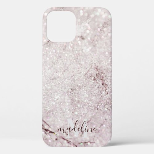 Girly Rose Gold Blush Marble Glitter Monogram  iPhone 12 Case