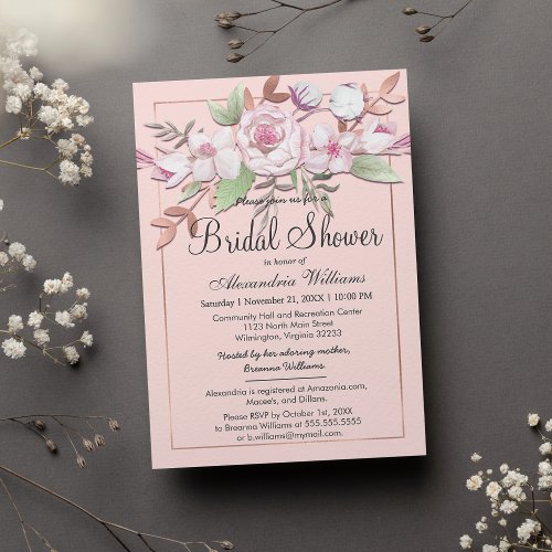 Girly Rose Gold Blush Pink Floral Bridal Shower Invitation