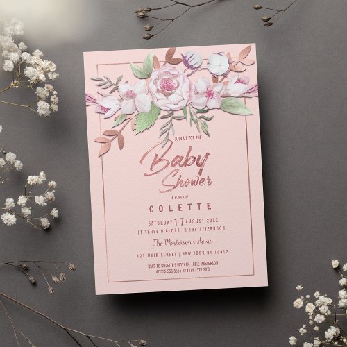 Girly Rose Gold Blush Pink Floral Leaf Baby Shower Invitation