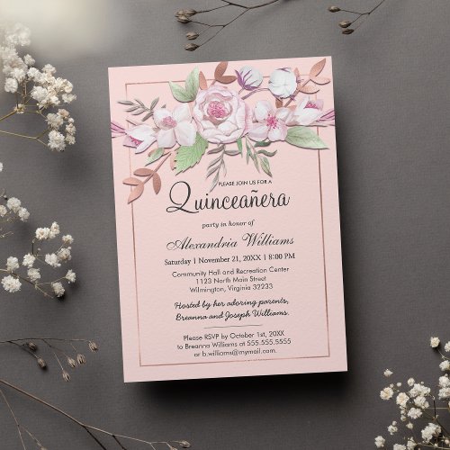 Girly Rose Gold Blush Pink Floral Quinceaera Invitation