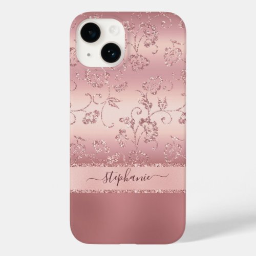 Girly Rose Gold Blush Pink Floral Sparkle Name Case_Mate iPhone 14 Case