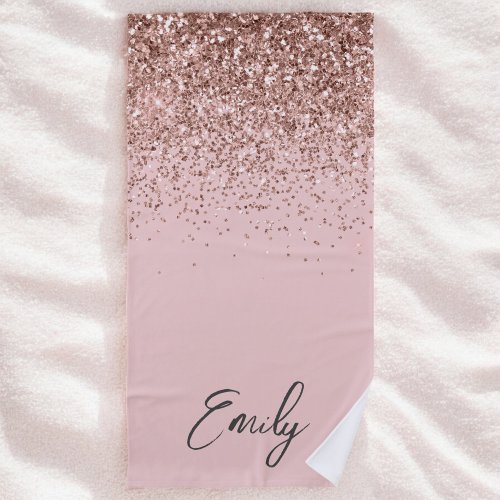 Girly Rose Gold Blush Pink Glitter Monogram Beach Towel