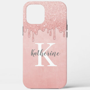 Girly Rose Gold Blush Pink Glitter Monogram iPhone 12 Pro Max Case