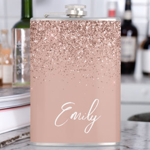 Girly Rose Gold Blush Pink Glitter Monogram Flask