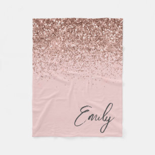 Girly Rose Gold Blush Pink Glitter Monogram Fleece Blanket