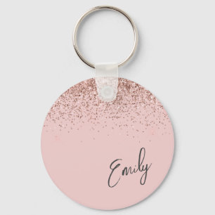 Girly Rose Gold Blush Pink Glitter Monogram Keychain