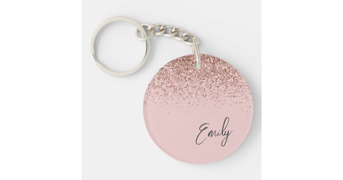 Girly Rose Gold Blush Pink Glitter Monogram Keychain