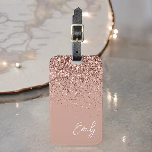 Girly Rose Gold Blush Pink Glitter Monogram Luggage Tag