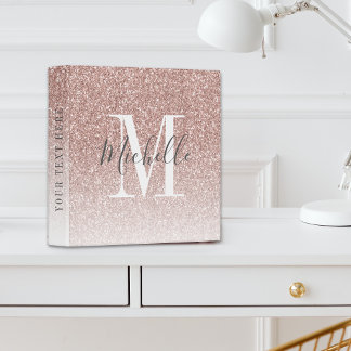 Girly Rose Gold Blush Pink Glitter Monogram Name 3 Ring Binder