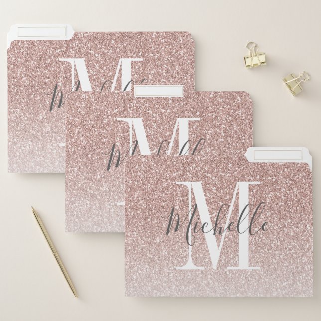 Girly Rose Gold Blush Pink Glitter Monogram Name File Folder (Set)