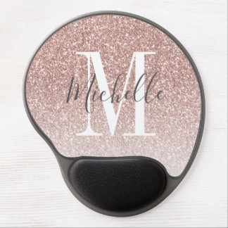 Girly Rose Gold Blush Pink Glitter Monogram Name Gel Mouse Pad