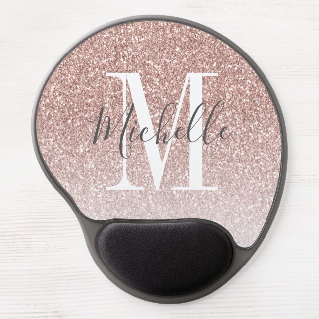 Girly Rose Gold Blush Pink Glitter Monogram Name Gel Mouse Pad (Front)
