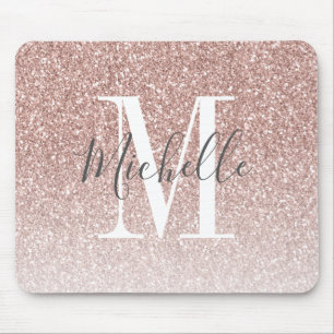 Girly Rose Gold Blush Pink Glitter Monogram Name Mouse Pad