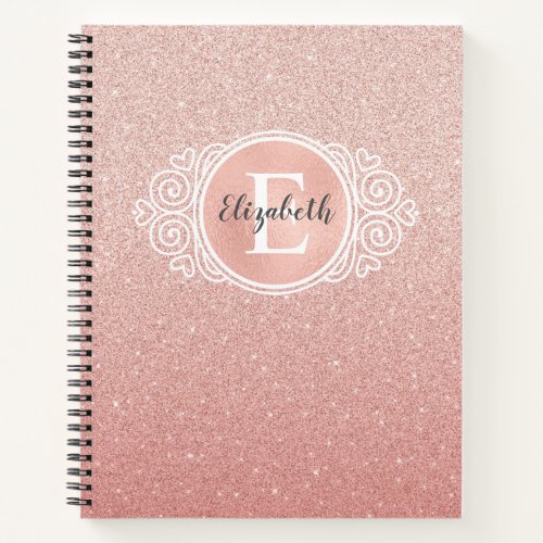 Girly Rose Gold Blush Pink Glitter Monogram Name Notebook