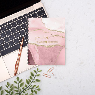 Girly Rose Gold Blush Pink Glitter Monogram Name Notebook