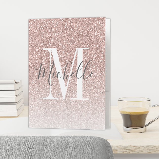 Girly Rose Gold Blush Pink Glitter Monogram Name Pocket Folder (Creator Uploaded)