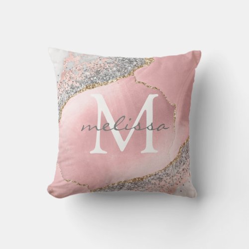Girly Rose Gold Blush Pink Glitter Monogram Name Throw Pillow