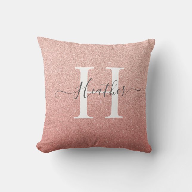 Girly Rose Gold Blush Pink Glitter Monogram Name Throw Pillow (Front)
