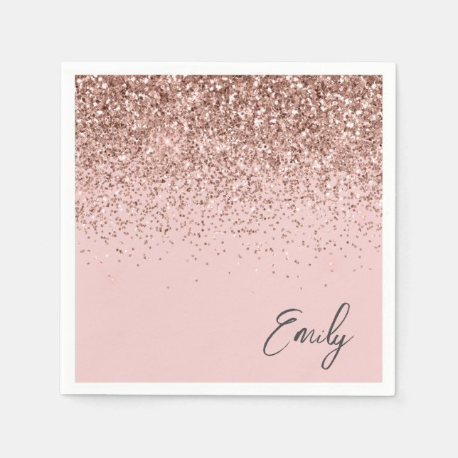 Girly Rose Gold Blush Pink Glitter Monogram Napkins (Front)